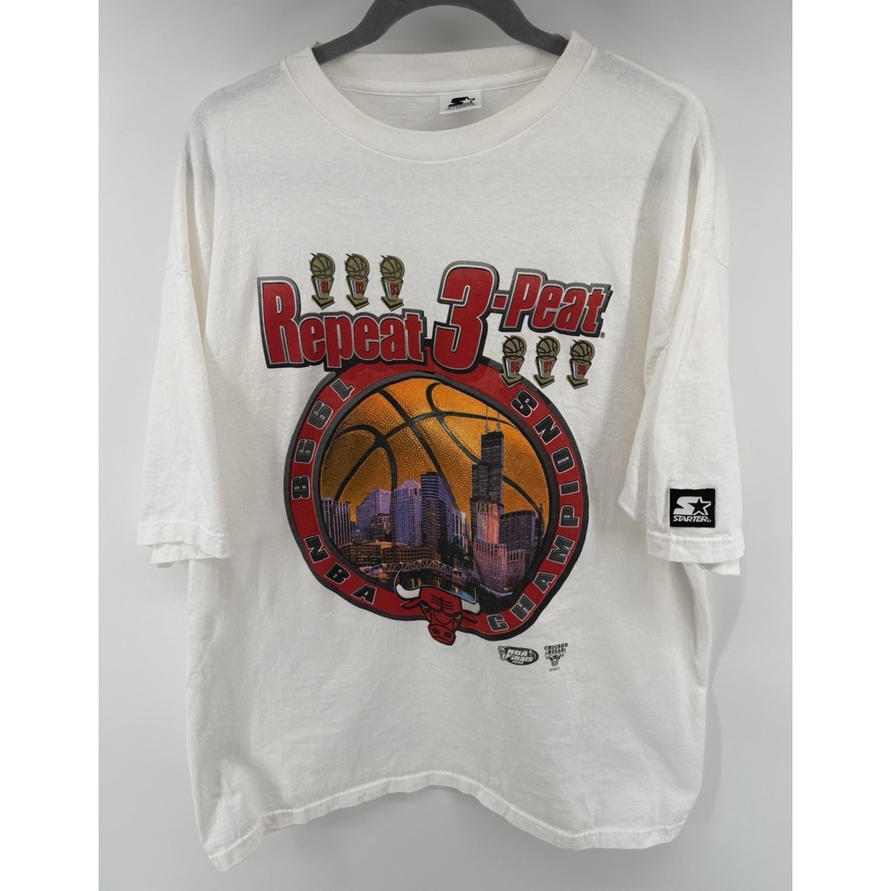 Vintage 1998 Starter Chicago Bulls Repeat 3-Peat Championship Shirt XL FLAWS